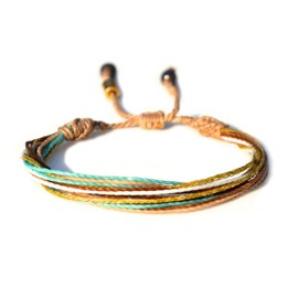 Custom Sized Surfer String Bracelet with Hematite Stones in Tan, Metallic Gold, Aqua, White, and Rust Waxed Cord Handmade by Rumi Sumaq
