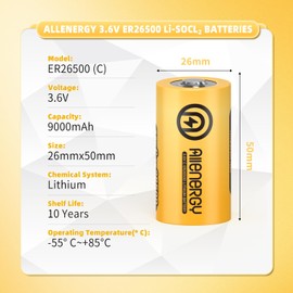 ALLENERGY Lithium C Batteries 9000mAh 3.6V ER26500 Lithium Batteries C Size 2 Pack Non-Rechargeable Lithium Li-SOCl2 Battery for Automobile Tire Pressure Monitor Smart Card