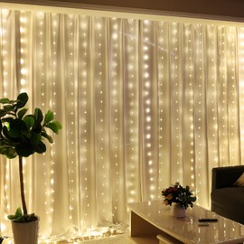 HXWEIYE 300LED Fairy Curtain Lights, 9.8x9.8Ft USB Plug-in 8 Modes Christmas String Hanging Lights with Remote for Bedroom Backdrop Wedding Indoor Wall Decor, Warm White, Tangle-Free – 1 Pack