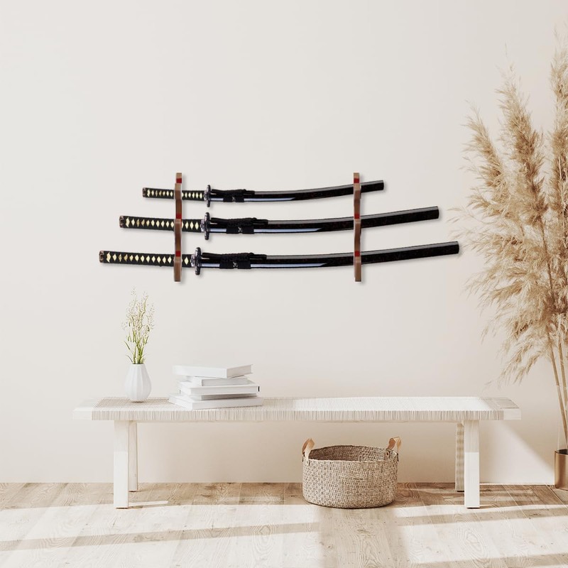 Suerhatcon 3-Tier Sword Stand Wall, Wooden Sword Holder Katana Wall