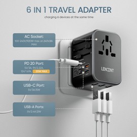 LENCENT Adaptador Universal de Viaje, Cargador Internacional con 3 Puertos USB & 2 PD USB-C, Adaptador Cargador Europeo con Enchufe Tipo A/C/G/I para USA/UE/Reino Unido/Australia/Argentina/China