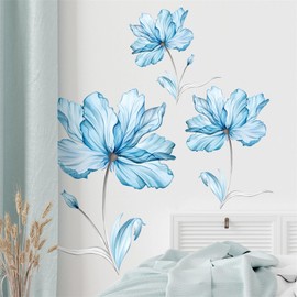 Ink Style Light Blue Flowers Wall Stickers, sacinora Lotus Peony DIY Floral Art Wall Decals Removable Vinyl Peel and Stick for Living Room Bedroom Nursery Toddler Room Decorations