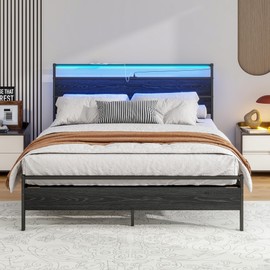 Queen Bed Frame with Headboard,Metal Platform Bed Frame Queen Size with Charging Station & LED Lights,Heavy Duty Queen Bed Frame No Box Spring Needed,Mattress Base,Strong Metal Slats,Noise Free,Black
