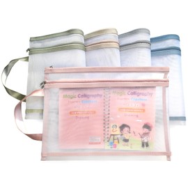 5 Pack Two Layers Mesh Zipper Pouch Bags, Puzzle and Toy Organizer Storage Bag with Breathable Nylon Mesh, A4 Clear Zipper Pouch with Handle for Playroom School Office Organization (Morandi)