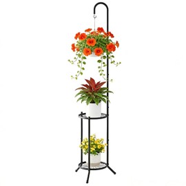 2-Tier Plant Stand With Hanging Hook, Metal Standing Plant Hanger, Black