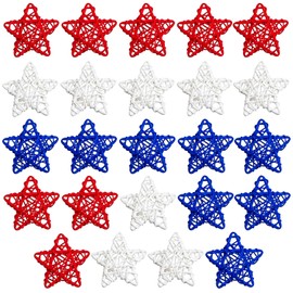 SETRUE 24 Pcs 4th of July Star Rattan Decoration, Red White Blue Rattan Stars for Independence Day Home Decor DIY Craft Vase Bowl Filler Table Decoration