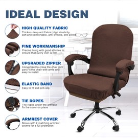 NeColorLife Stretchable Office Chair Cover with Armrest Covers – High-Back Desk Chair Slipcover, Checked Jacquard Fabric, Washable (Large Size, Coffee)
