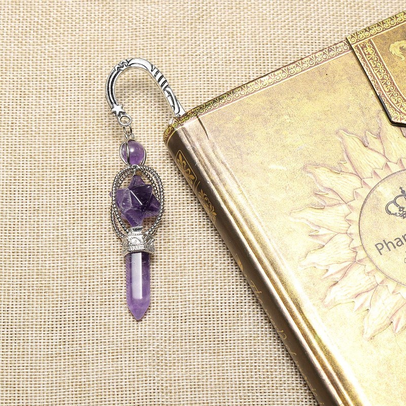 JOVIVI Anqitue Silver Metal Bookmark Beading Bookmarks with Amethsyt Crystal