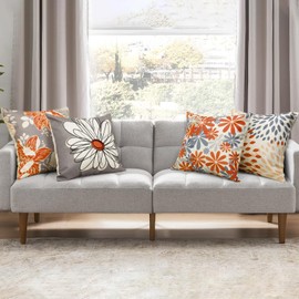 Baidast Orange Decorative Throw Pillow Covers 20x20 Set of 4, Burnt Orange and Grey Modern Daisy Floral Pillows Linen Pillow Covers for Couch Sofa Living Room