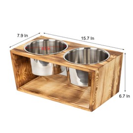 Rustic Wood Dog Cat Raised Bowls Elevated Pets Bowl Stand for Large Dogs and Cats Pet Feeder with Two Stainless Steel Bowls (Brown)