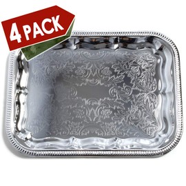 MARO MEGASTORE (Pack of 4 16.1-Inch x 12.2-Inch Oblong Rectangular Trim Victoria Floral Engraved Catering Chrome Plated Serving Plate Mirror Food Candle Deco Art Tray Platter Party(Medium) T227-4pk