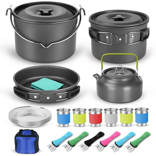 Odoland 39pcs Camping Cookware Mess Kit, Non-Stick Large Size Hanging Pot Pan Kettle with Base Dinner Cutlery Sets for 6 and More, Cups Dishes Forks Spoons Kit for Outdoor Camping Hiking Picnic
