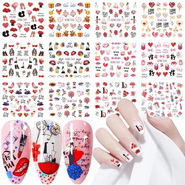 Heart Nail Art Stickers Decal,Nail Foil Water Transfer Decals Nail Art Supplies Sexy Red Lip Romantic Rose Flower Valentine's Day Design Stickers for Woman Girls Manicure Foil Nail Art Decoration12pcs