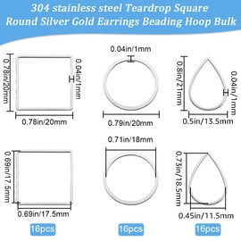 Beebeecraft 48Pcs 3 Styles Linking Ring for Jewelry Making Round Square Teardrop Open Bezels Linking Rings 304 Stainless Steel Earring Hoop for DIY Earring Necklace Craft