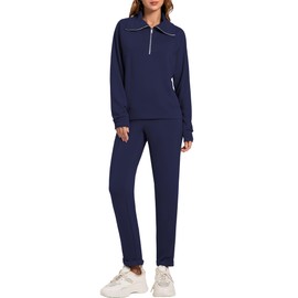 Casly Lamiit 2 Piece Sets for Women Casual Fall Outfits Tracksuits Lapel 3/4 Zip Pullover Sweatpants Matching Sweatsuit Lounge Sets Hiking Workout Clothes Navy Blue Petite XS