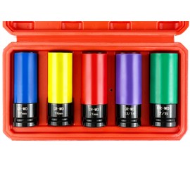 WETT 1/2-Inch Drive Lug Nut Socket Set, 5-Piece Wheel Protector Thin Wall Deep Impact Socket with Color-Coded Protective, (Metric 17mm, 19mm, 21mm & SAE 13/16" 7/8") CR-MO Steel, 6 Point, Non-Marring