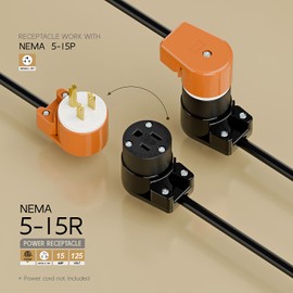 360° Rotatable NEMA 5-15R Rewireable Female Receptacle, ETL Listed 15A 125V Right Angle Cord End Socket, 3-Prong DIY Replacement AC Connector for 12/14/16AWG Power Cord, Black