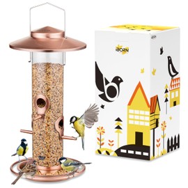 iBorn Bird Feeders for Outdoors, 2LB Metal Bird Feeders 17cm Large Roof &Tray, 4 Feeding Ports, Brushed Copper Finishing