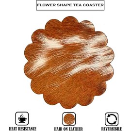 Cowhide Coaster Set of 4 pcs Natural Cowhide Drink Coasters Hair On Coasters Leather Tea Cup Coasters Home Décor & Home Living Ideas (Flower)