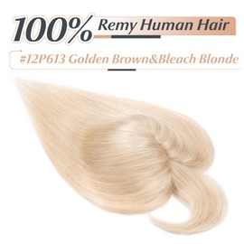 Benehair Human Hair Toppers for Women, Real Human Hair Topper with Fringe, Natural Clip in Hair Topper with Bangs, Hair Toppers for Thinning, 6Inches Golden Brown Bleach Blonde Hair for Women #12P613