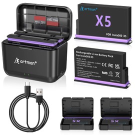 Artman 360 X5 Battery for Insta 360 X5, (2 Pack) 2850mAh 360 X5 Batteries and 2-Slot USB-C Fast Charger, Designed Specifically for Insta 360 X5 Action Camera, Portable and with Misro SD Card Slots