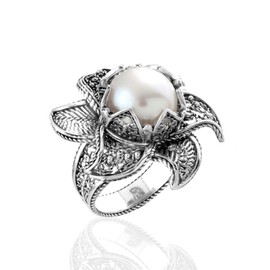 Filigranist 925 Sterling Silver Filigree Art Lotus Flower Design Gemstone Woman Statement Ring (Pearl, 9)