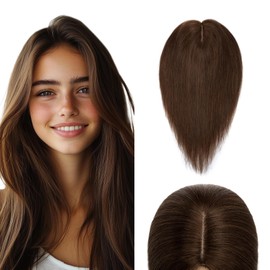 Elailite Hair Topper, Real Hair, #4 Medium Brown, 40 cm, Clip-In Toupee, Women's Extensions, Hairpiece, Hair Topper Base, 10 x 12 cm