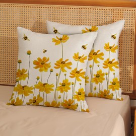 AGAYNA Spring Flower Pillow Covers 20x20 Yellow Daisy Bee Farmhouse Decor Throw Pillows Case for Couch Floral Seasonal Pillowcase Outdoor Decorative Cushion Case for Sofa Bed Decorations Set of 2