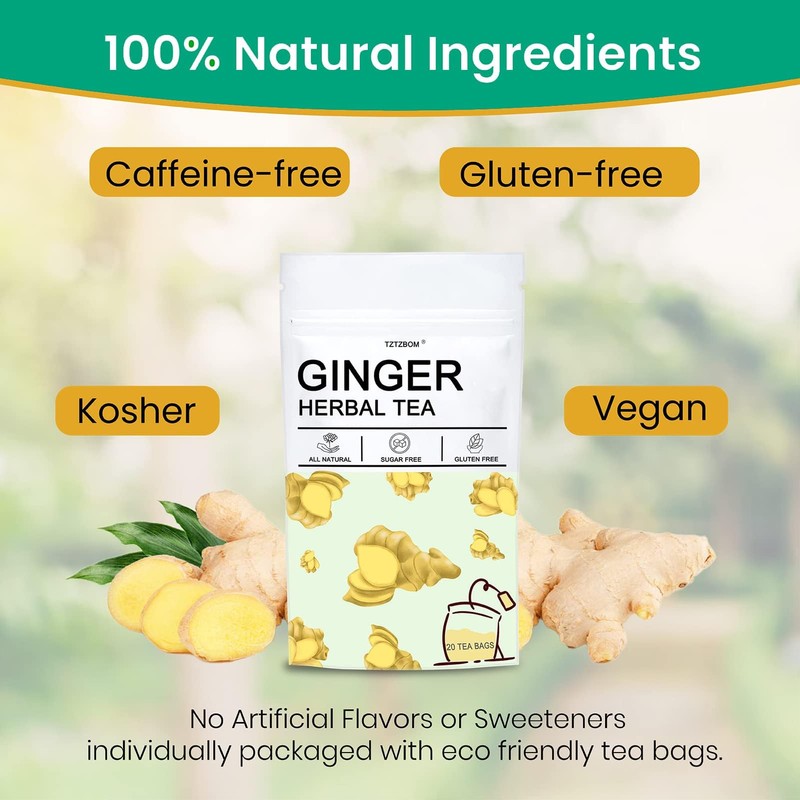 TZTZBOM Ginger Tea Bags - 100% Pure Ginger Root &