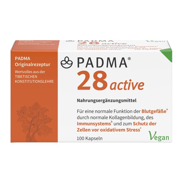 PADMA 28 active 100 Caps. Tibetan Formula 28 of Herbs & Minerals + Vitamin C. It Supports an Active Immune System, Blood Vessels, Regeneration & Protection Against Oxidative Stress