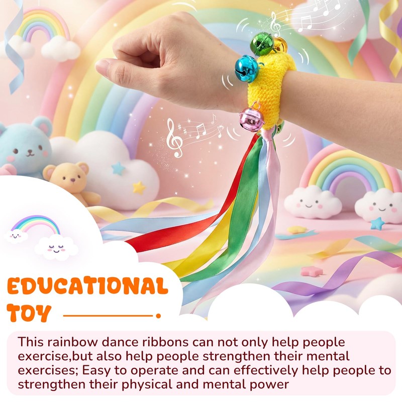 12 Pcs Rainbow Dance Ribbons for Kids with Bells Elastic