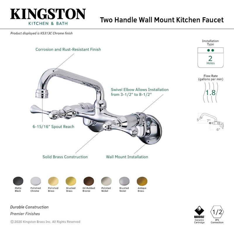 Kingston Brass Kingston 6-Inch Adjustable Center Wall Mount Kitchen Faucet,