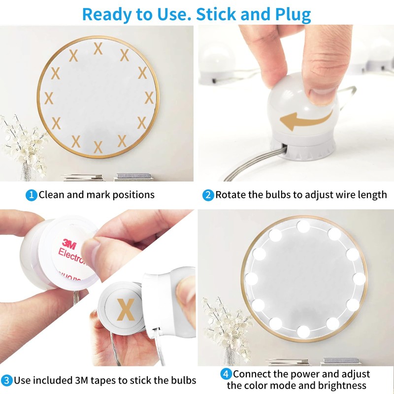 LED Vanity Mirror Lights with 12 Stick On Dimmable Bulbs,