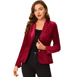 Allegra K Women's Notched Lapel Vintage Office Button Front Velvet Blazer Large Burgundy