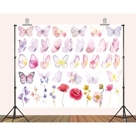 PEKRU 7x5ft Fabric Butterfly Watercolor Backdrop Pink Yellow Meadow Flower Decoration Pretty Butterfly Clipart for Baby Shower Birthday Party Spring Summer Background Home Decoration