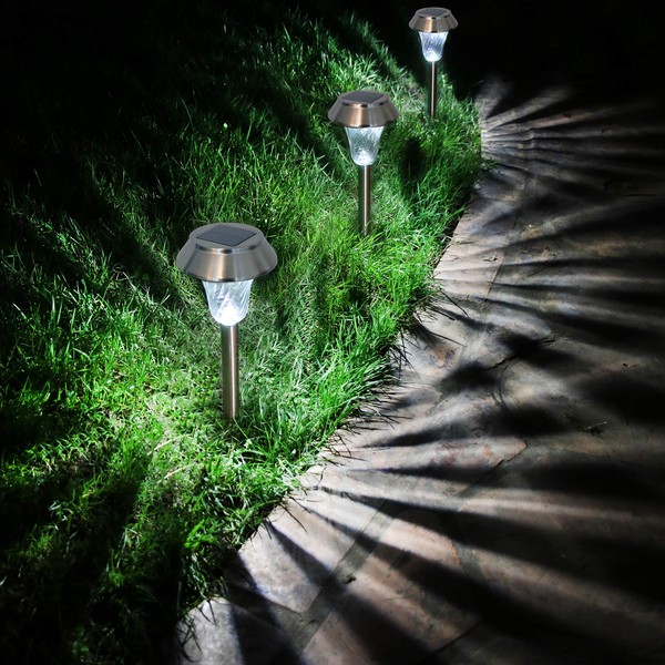 Enchanted Spaces Silver Solar Path Light, Set of 6, with Glass Lens, Metal Ground Stake, and Extra-Bright LED for Lawn, Patio, Yard, Walkway, Driveway