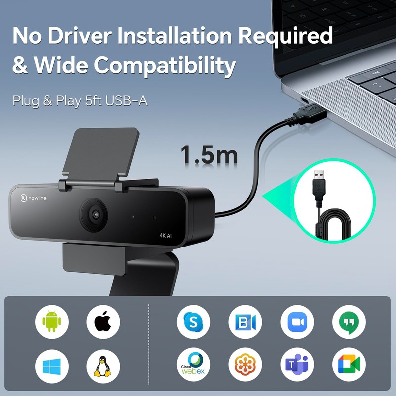 N newline 4k Webcam for PC with Microphone, 3 AI