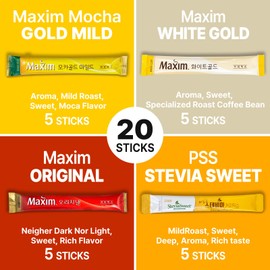 CUTIE MANGO Maxim & Stevia Variety 20 Sticks Premium Korean Instant Coffee Sampler White Mocha Original Zero Sugar Stevia Assortment Café Style Camping Party 4 Flavors Packets Easy-Cut (5 Sticks Each)