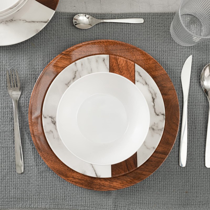 LEHAHA Rustic Modern Melamine Dinnerware Sets, Marble 12-Piece Lightweight Outdoor