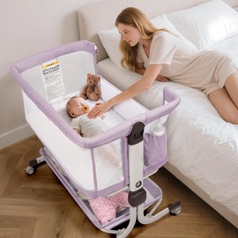 MOMFANN Baby Bassinet Bedside Sleeper, Upgraded Stability Bedside Crib with Full Mesh Sides, Soft Sheet, 6-Height Adjustment, Storage Basket, Easy Folding Portable Bassinet for Newborns,Pinkish Purple