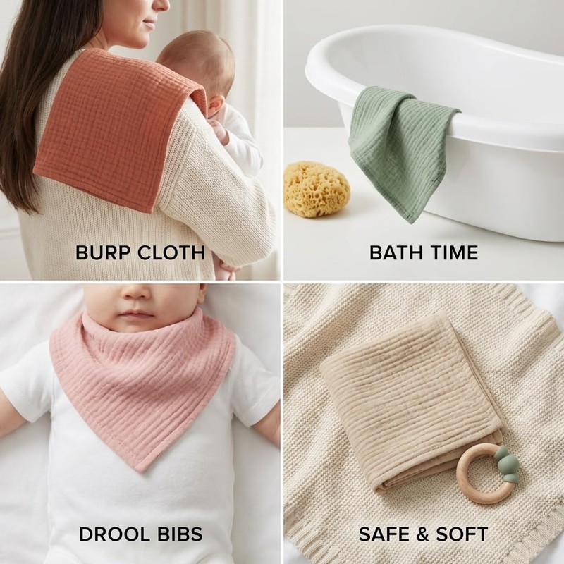 CleaZeny 4-Pack 100% Cotton Muslin Face Cloths, 4-Layer Baby Washcloths