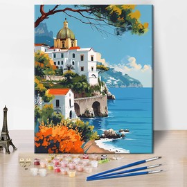 TISHIRON Paint by Number for Adults Beginner Amalfi Coast Paint Number Kits Landscape Oil Painting for Adults Paint by Number Building on Cliff by Water 16"x20" Adult Paint by Number Kits