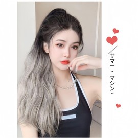 MISS FANCY Two Color Ombre Ponytail Wig 18" - Black + Grey Water Ripple Curly Clip On Heat Resistant Partial Wig Dance Event