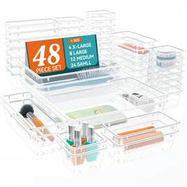 ElegantArray 48 PCS Drawer Organizer Set, 4 Sizes Clear Plastic Makeup Vanity Organizer for Makeup, Stationery, Multiple Gadgets, Kitchen, Bathroom, Office, Bedroom