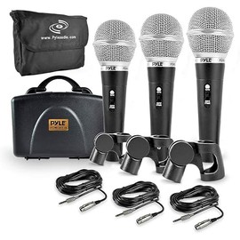 Pyle Kit de micrófono dinámico profesional de 3 piezas de micrófono cardioide unidireccional vocal, con funda de transporte duro y bolsa, soporte/clip y cable de audio XLR de 7,9 m a conexión de audio de 1/4 pulgadas (PDMICKT34)