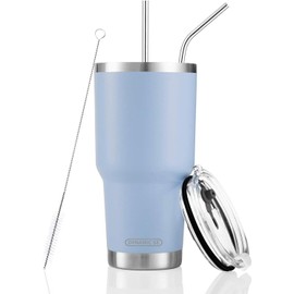 D·S 30oz Blue Tumbler Stainless Steel Double Wall Vacuum Insulated Mug with Straw and Lid, Cleaning Brush for Cold and Hot Beverages