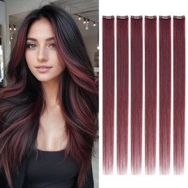 Benehair Clip-In Real Hair Extensions, 6 Pieces, Clip Real Hair Extensions, Single Clip, Real Hair Extension Clips, Virgin, Free to Wear, One Piece Hair Extensions, 55 cm, Purple Red #99J