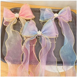 3Pcs Princess Bowknot Hair Barrettes, Girls Hair Accessories Ribbon Pearl Tassels Colorful Bows Alligator Clips for Wedding Birthday Party.