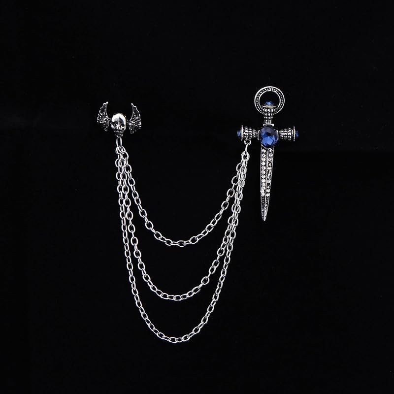 Gothic Skull Head with Sword Brooch Pin Long Chain Tassels
