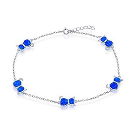 Beaux Bijoux 925 Sterling Silver Rhodium Plated Blue/White Created Opal/Natural Abalone Shell Butterfly/Crescent Moon/Crab Design 9+1’’ Charm Anklet/Bracelet Jewelry for Women-blue cat